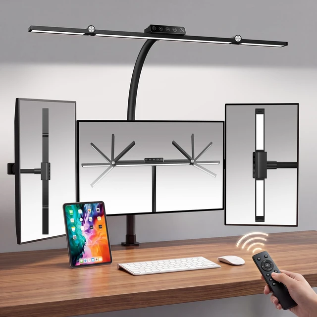Main image of LED Desk Lamp with Clamp, 24W 3-Panel Light for Dual Monitors 1800 Lumens, 96 LED, 3 Adjustable Panels, 360° Gooseneck, 2700K-6500K Color Temps, Remote, Touch Control, Memory Function