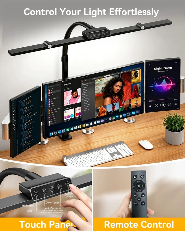 Alt view image 4 of 7 - LED Desk Lamp with Clamp, 24W 3-Panel Light for Dual Monitors 1800 Lumens, 96 LED, 3 Adjustable Panels, 360° Gooseneck, 2700K-6500K Color Temps, Remote, Touch Control, Memory Function