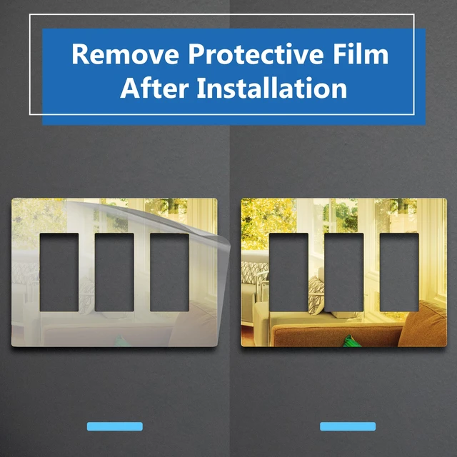 Alt view image 4 of 7 - Triple Decorator Wall Plate, Mid-Size 3-Gang, Mirror Glass Gold Screwless Light Switch/Outlet Cover, Impact Resistant, Reflective, Plexiglass, Tough And Heat Resistant, Easy Installation