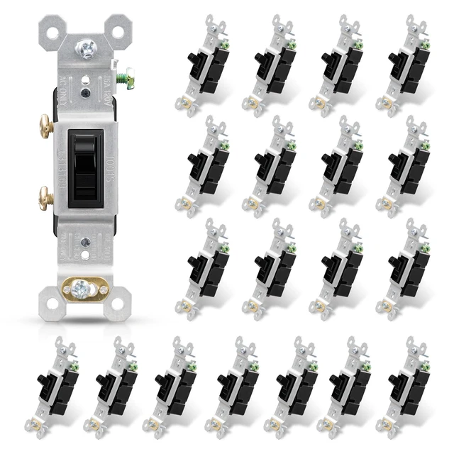 Main image of Single Pole Toggle Light Switch, 15 Amp, 120 Volt, Toggle Framed AC Quiet Switch, In Wall On/Off Switch Replacement, Self-Grounding, Residential and Commercial Grade, UL (20 Pack, Glossy Black)