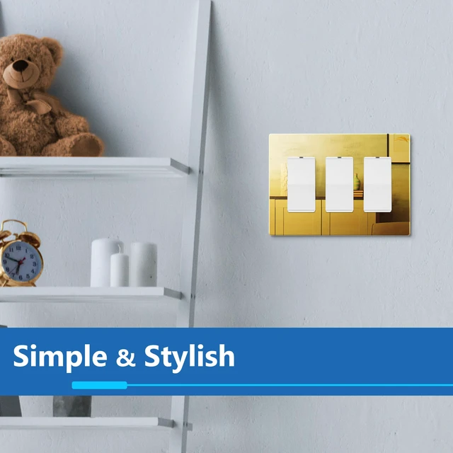 Alt view image 7 of 7 - Triple Decorator Wall Plate, Mid-Size 3-Gang, Mirror Glass Gold Screwless Light Switch/Outlet Cover, Impact Resistant, Reflective, Plexiglass, Tough And Heat Resistant, Easy Installation
