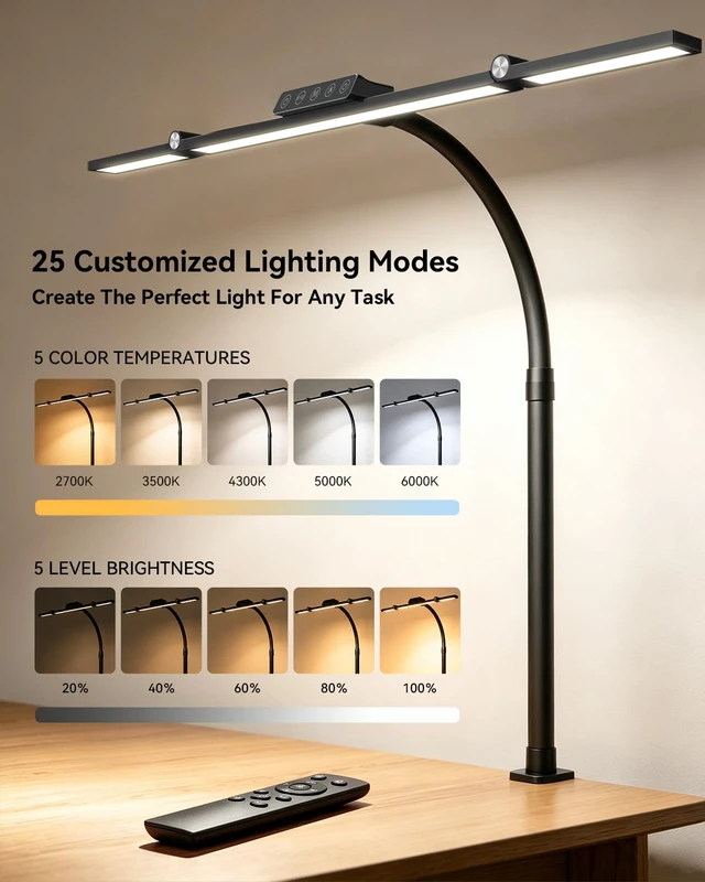 Alt view image 2 of 7 - LED Desk Lamp with Clamp, 24W 3-Panel Light for Dual Monitors 1800 Lumens, 96 LED, 3 Adjustable Panels, 360° Gooseneck, 2700K-6500K Color Temps, Remote, Touch Control, Memory Function