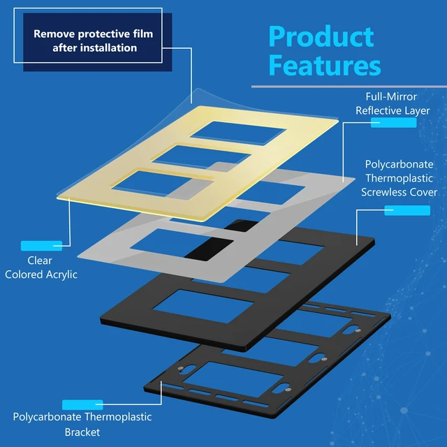 Alt view image 6 of 7 - Triple Decorator Wall Plate, Mid-Size 3-Gang, Mirror Glass Gold Screwless Light Switch/Outlet Cover, Impact Resistant, Reflective, Plexiglass, Tough And Heat Resistant, Easy Installation