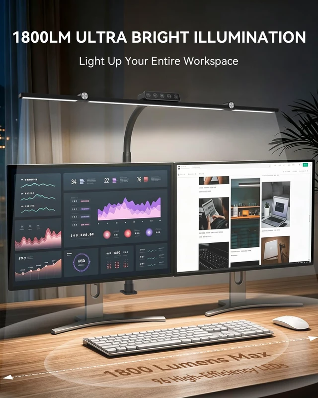 Alt view image 3 of 7 - LED Desk Lamp with Clamp, 24W 3-Panel Light for Dual Monitors 1800 Lumens, 96 LED, 3 Adjustable Panels, 360° Gooseneck, 2700K-6500K Color Temps, Remote, Touch Control, Memory Function