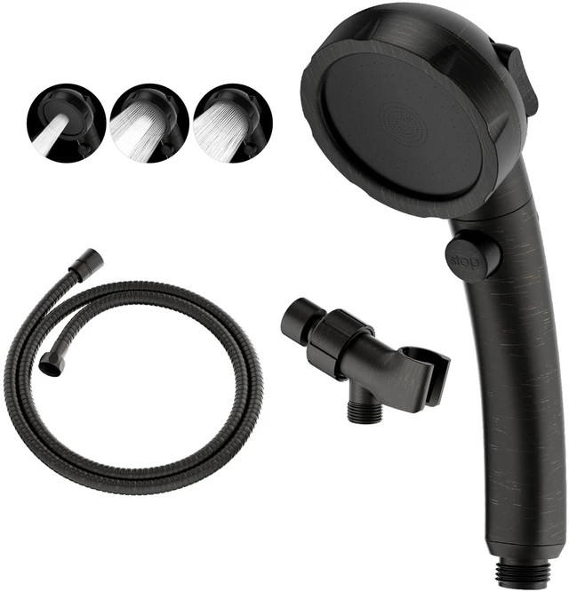 Main image of High Pressure Oil-Rubbed Bronze Handheld Shower Head with ON/OFF Switch, 3 Spray Modes, Adjustable Angle Bracket, and Hose