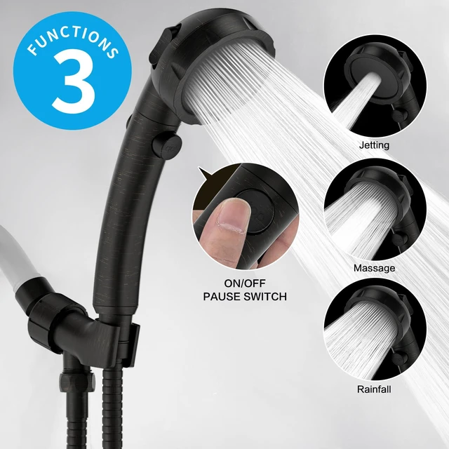Alt view image 2 of 6 - High Pressure Oil-Rubbed Bronze Handheld Shower Head with ON/OFF Switch, 3 Spray Modes, Adjustable Angle Bracket, and Hose