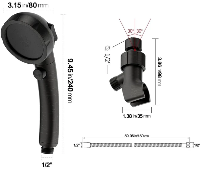 Alt view image 6 of 6 - High Pressure Oil-Rubbed Bronze Handheld Shower Head with ON/OFF Switch, 3 Spray Modes, Adjustable Angle Bracket, and Hose