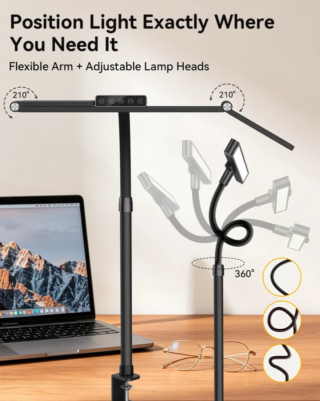 Alt view image 6 of 7 - LED Desk Lamp with Clamp, 24W 3-Panel Light for Dual Monitors 1800 Lumens, 96 LED, 3 Adjustable Panels, 360° Gooseneck, 2700K-6500K Color Temps, Remote, Touch Control, Memory Function