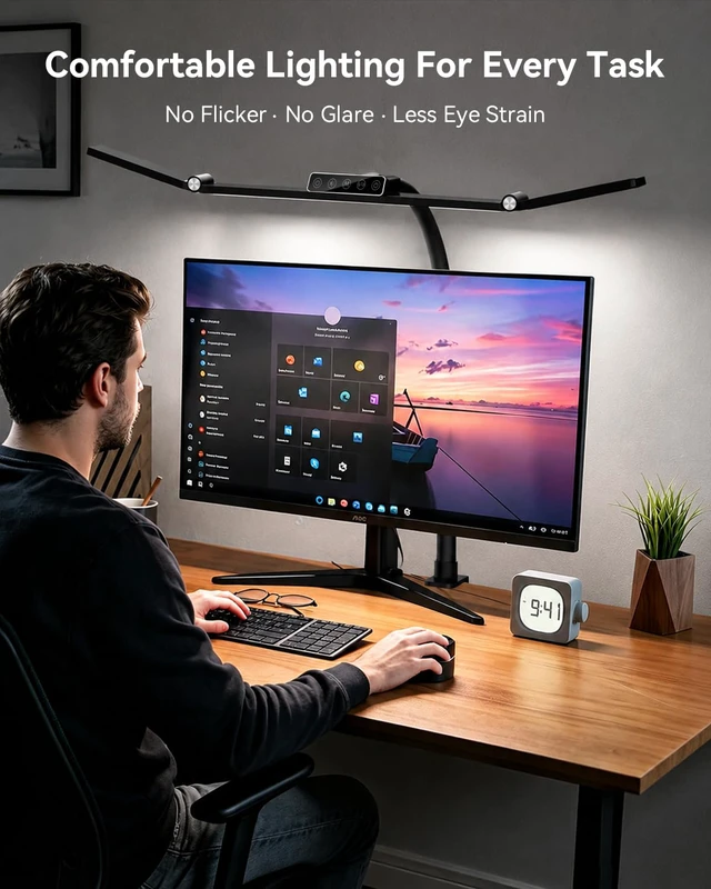Alt view image 7 of 7 - LED Desk Lamp with Clamp, 24W 3-Panel Light for Dual Monitors 1800 Lumens, 96 LED, 3 Adjustable Panels, 360° Gooseneck, 2700K-6500K Color Temps, Remote, Touch Control, Memory Function