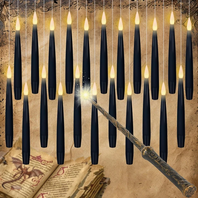 Main image of Flameless Floating Candles Wand Halloween Decorations Black 22pcs 6H Timer, Battery Operated Hanging Window Candles, 24 Sticky Hook & Glue Dots, 0.45 x 6.1 In, 4.9 Ft Fishing Line