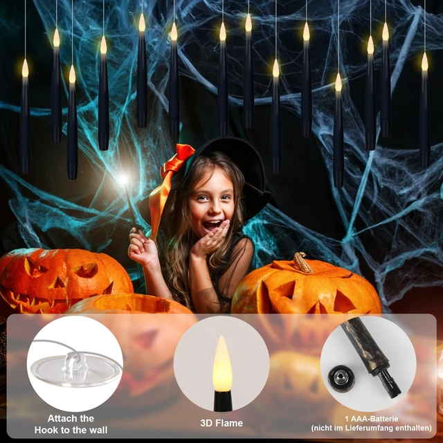 Alt view image 3 of 5 - Flameless Floating Candles Wand Halloween Decorations Black 22pcs 6H Timer, Battery Operated Hanging Window Candles, 24 Sticky Hook & Glue Dots, 0.45 x 6.1 In, 4.9 Ft Fishing Line