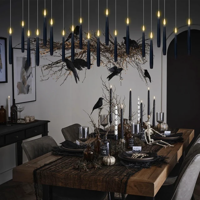 Alt view image 4 of 5 - Flameless Floating Candles Wand Halloween Decorations Black 22pcs 6H Timer, Battery Operated Hanging Window Candles, 24 Sticky Hook & Glue Dots, 0.45 x 6.1 In, 4.9 Ft Fishing Line