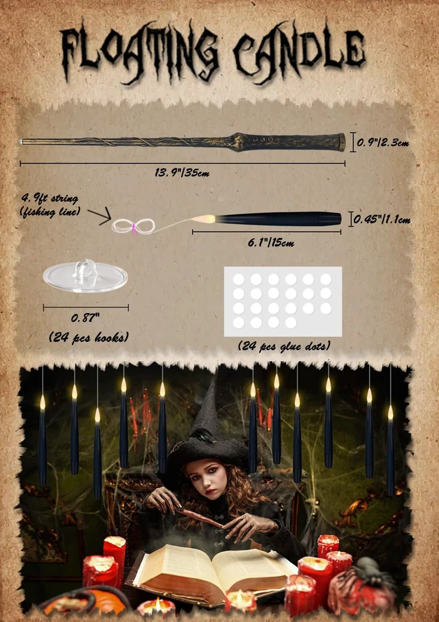 Alt view image 2 of 5 - Flameless Floating Candles Wand Halloween Decorations Black 22pcs 6H Timer, Battery Operated Hanging Window Candles, 24 Sticky Hook & Glue Dots, 0.45 x 6.1 In, 4.9 Ft Fishing Line