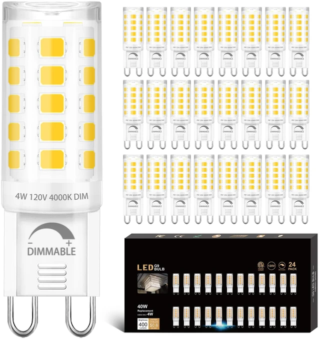 Main image of 24 Pack Dimmable G9 LED Light Bulb 40W Equivalent 4000K Natural White G9 Ceramic Base for Chandelier, Halogen Replacement, T4 Bi Pin, 4W LED, 400LM 120V, CRI85+, 360° Beam Angle for Home Lighting