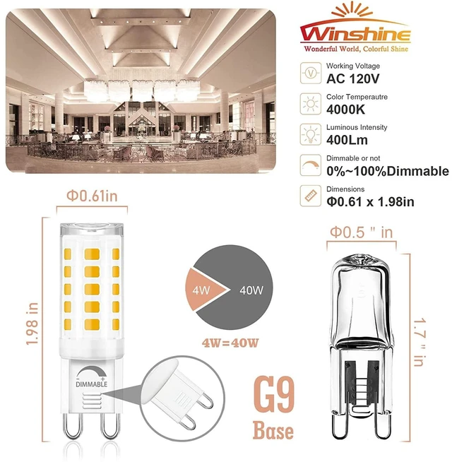 Alt view image 3 of 7 - 24 Pack Dimmable G9 LED Light Bulb 40W Equivalent 4000K Natural White G9 Ceramic Base for Chandelier, Halogen Replacement, T4 Bi Pin, 4W LED, 400LM 120V, CRI85+, 360° Beam Angle for Home Lighting