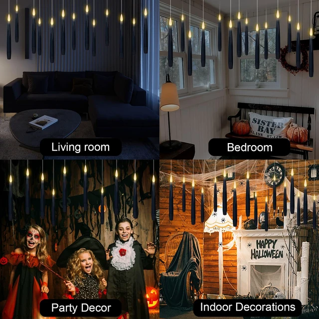 Alt view image 5 of 5 - Flameless Floating Candles Wand Halloween Decorations Black 22pcs 6H Timer, Battery Operated Hanging Window Candles, 24 Sticky Hook & Glue Dots, 0.45 x 6.1 In, 4.9 Ft Fishing Line