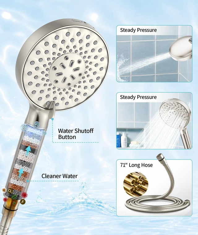 Alt view image 6 of 7 - Filtered Shower Head with Handheld High Pressure 9 Spray Mode Showerhead Detachable Shower Head Water Softener Filters Beads for Hard Water Remove Chlorine 1 Filter 1.8GPM Brushed Nickel