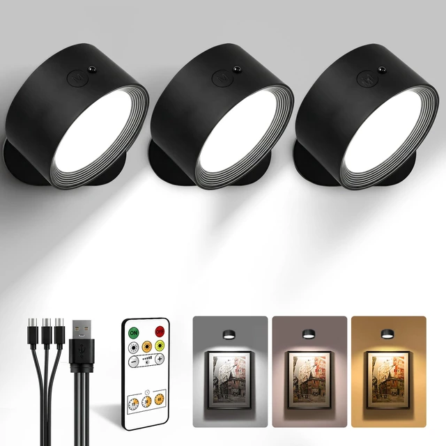 Main image of LED Wall Mounted Lights, Rechargeable Wall Sconces, 3 Color Temps, Remote & Touch, 360° Rotating and Dimmable for Bedroom, Bedside & Reading (Black, 3 Pack)