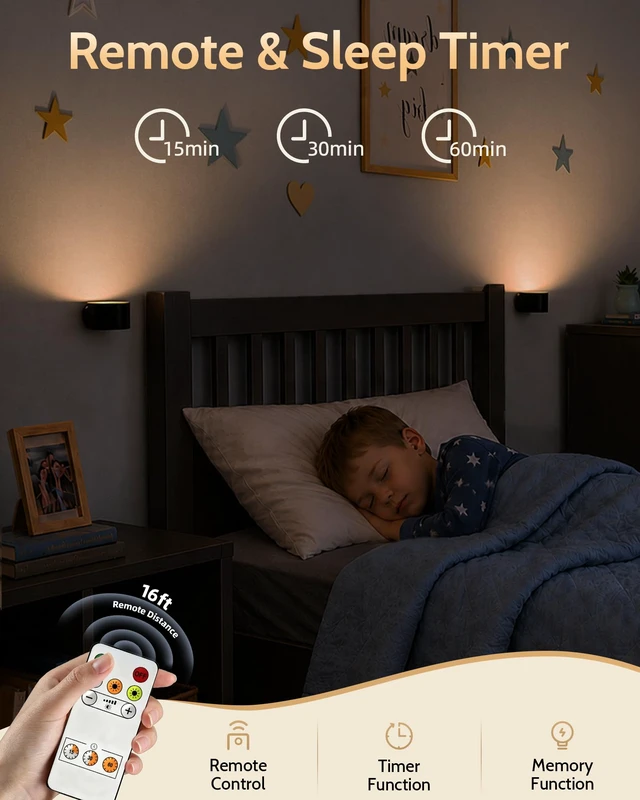Alt view image 3 of 7 - LED Wall Mounted Lights, Rechargeable Wall Sconces, 3 Color Temps, Remote & Touch, 360° Rotating and Dimmable for Bedroom, Bedside & Reading (Black, 3 Pack)