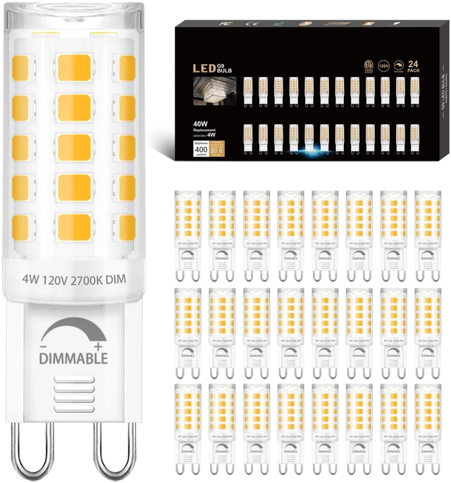 Main image of 24 Pack Dimmable G9 LED Light Bulb 40W Equivalent 2700K Soft White CRI85+ G9 Ceramic Base for Chandelier, Halogen Replacement, T4 Bi Pin, 4W LED, 400LM 120V, 360° Beam Angle for Home Lighting