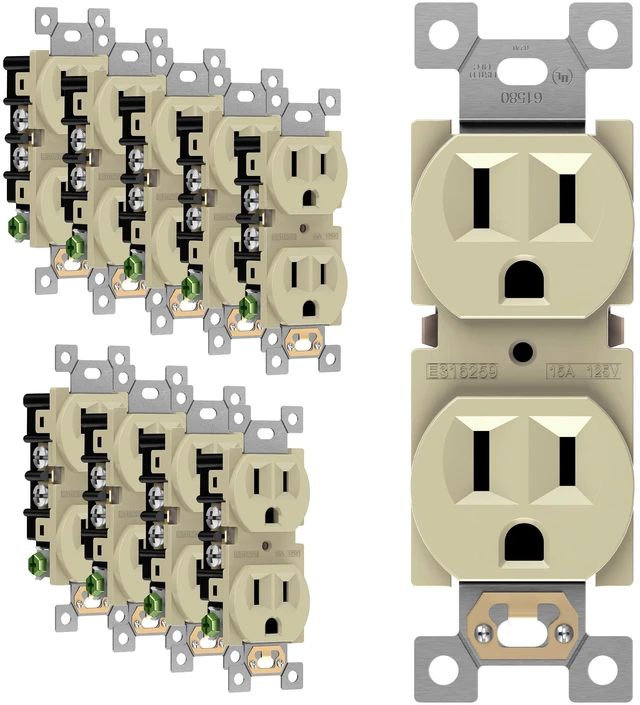 Main image of Duplex Receptacle Outlet, Residential Grade Electrical Wall Outlets, 15A 125V, Self-Grounding, 3-Wire, 2-Pole, UL Listed, 61580-I-10PCS, Ivory (10 Pack)