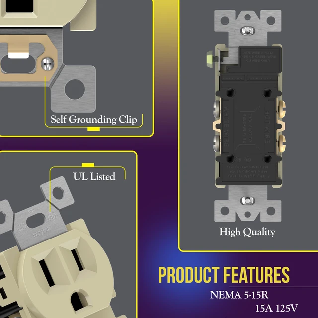Alt view image 2 of 7 - Duplex Receptacle Outlet, Residential Grade Electrical Wall Outlets, 15A 125V, Self-Grounding, 3-Wire, 2-Pole, UL Listed, 61580-I-10PCS, Ivory (10 Pack)