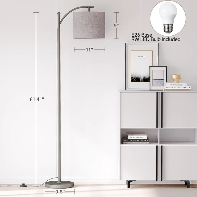 Alt view image 3 of 7 - Arc Floor Lamp, Modern Floor Lamp with 9W 3 Color Temperatures Bulb Metal Standing Lamps with Adjustable Hanging Lampshade, Tall Floor Lamps for Living Room, Bedroom, Office, Gray