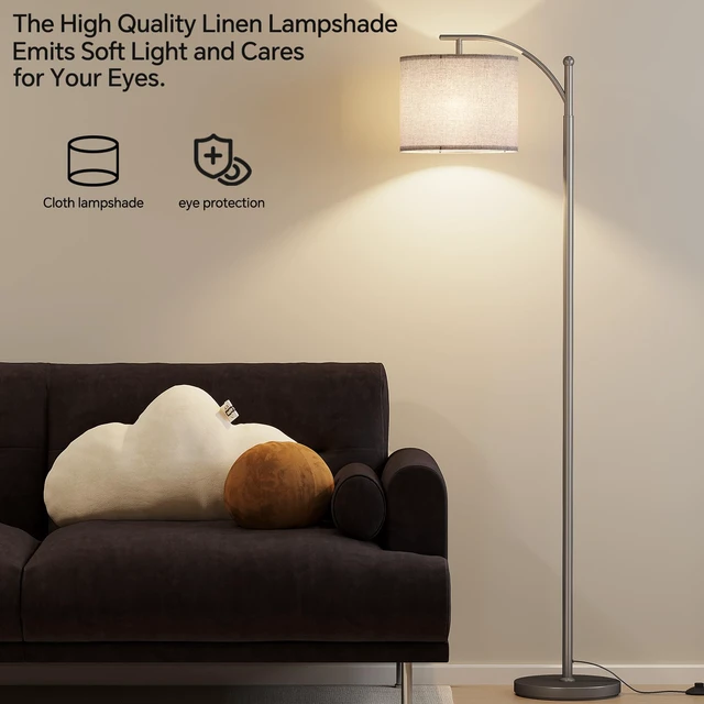 Alt view image 5 of 7 - Arc Floor Lamp, Modern Floor Lamp with 9W 3 Color Temperatures Bulb Metal Standing Lamps with Adjustable Hanging Lampshade, Tall Floor Lamps for Living Room, Bedroom, Office, Gray