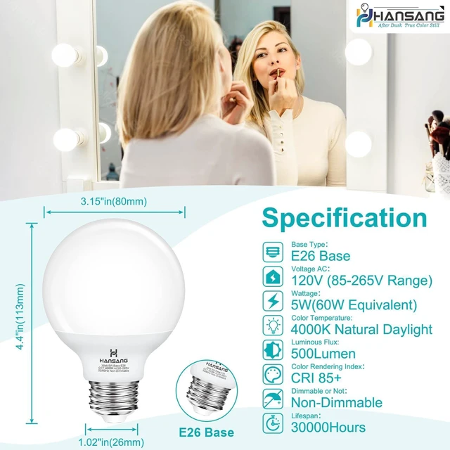 Alt view image 2 of 7 - 20 Pack LED Vanity Barthroom Light Bulbs 60W Equivalent 4000K Natural White G25 LED Light Bulbs, E26 Base, CRI85+ Eye-Friendly, Type G Round Light Bulb Over Mirror, 120V, 5W, 500LM, Non-Dimmable