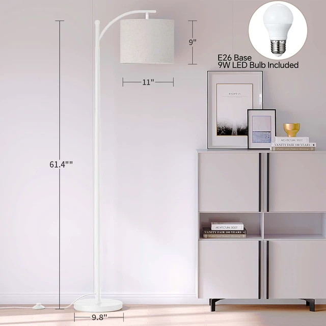 Alt view image 3 of 6 - Arc Floor Lamp, Modern Floor Lamp with 9W 3 Color Temperatures Bulb Metal Standing Lamps with Adjustable Hanging Lampshade, Tall Floor Lamps for Living Room, Bedroom, Office, White