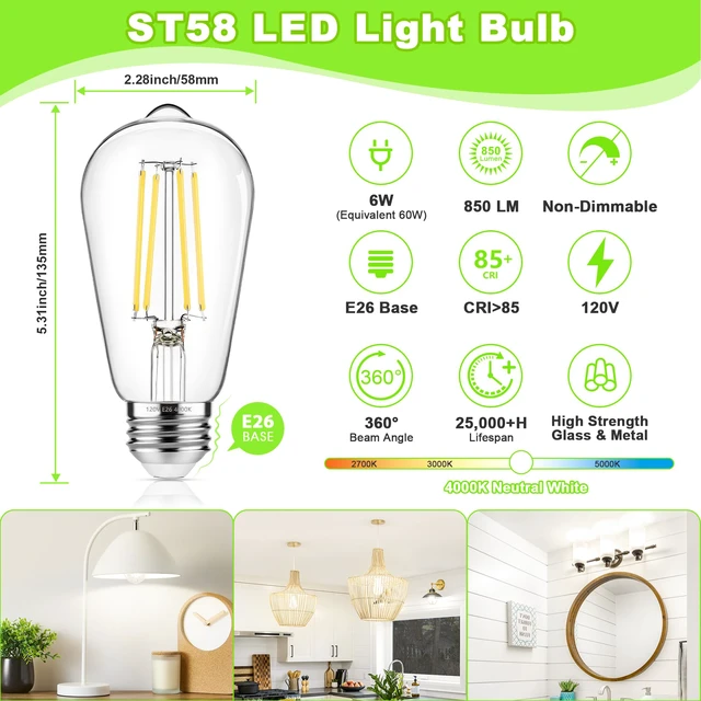 Alt view image 2 of 7 - 4-Pack Vintage Edison Bulbs 60W Equivalent, 850LM 6W LED Light Bulb Neutral White 4000K, ST58 Filament Lighting E26 Base, Non-Dimmable