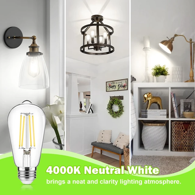 Alt view image 4 of 7 - 4-Pack Vintage Edison Bulbs 60W Equivalent, 850LM 6W LED Light Bulb Neutral White 4000K, ST58 Filament Lighting E26 Base, Non-Dimmable