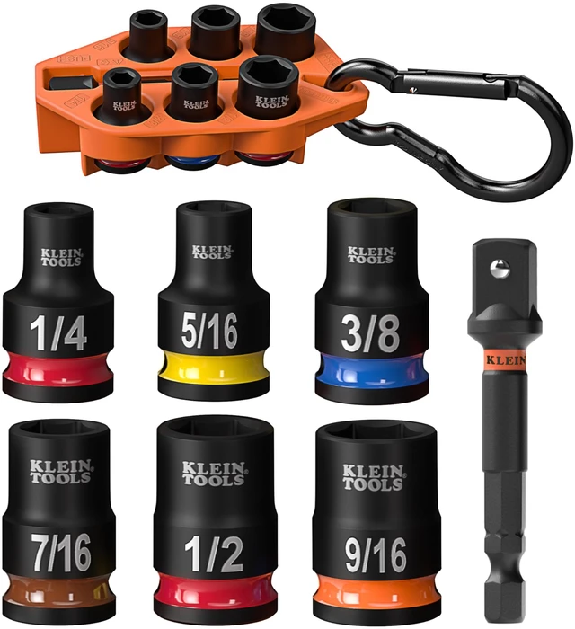 Main image of 33808 Grab-And-Go Impact Socket Set, SAE, 7-Piece Set with Sleeve, Carabiner, and 3/8-Inch Drive, Color-Coded 1/4, 5/16, 3/8, 7/16, 1/2, and 9/16-Inch Sockets