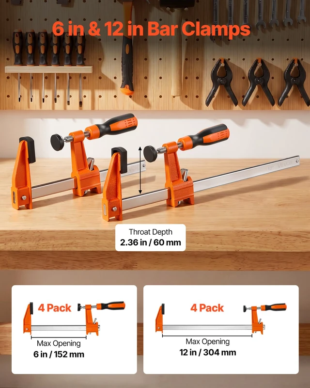 Alt view image 2 of 7 - Bar Clamps for Woodworking, 8-Pack, 6" and 12" F Clamps, 600 lbs Load Limit, with Plastic Pad and Self-Locking Design, Malleable Iron and Carbon Steel, for Wood Working and Metal Working