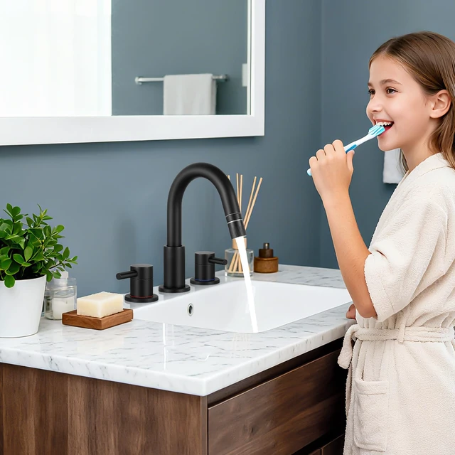 Alt view image 6 of 7 - Bathroom Faucet 3 Hole with Pull Down Sprayer Matte Black, 2-Handle Lead-free stainless steel, pop-up drain, 360°swivel, 8-inch widespread Faucet for RV/vanity sink, 3-hole mount