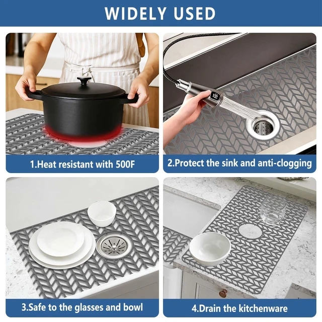 Alt view image 7 of 7 - Silicone Sink Protectors for Kitchen Sink, 30" x 16" Center Drain Hole