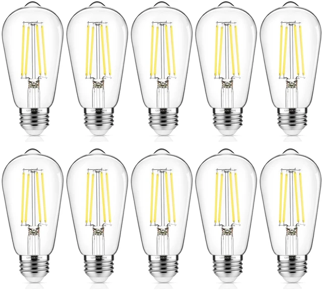 Main image of 10-Pack Vintage Edison Bulbs 60W Equivalent, 850LM 6W LED Light Bulb Daylight White 5000K, ST58 Filament Lighting E26 Base, Non-Dimmable