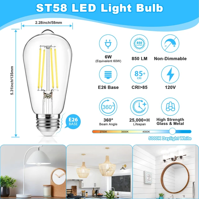 Alt view image 2 of 7 - 10-Pack Vintage Edison Bulbs 60W Equivalent, 850LM 6W LED Light Bulb Daylight White 5000K, ST58 Filament Lighting E26 Base, Non-Dimmable