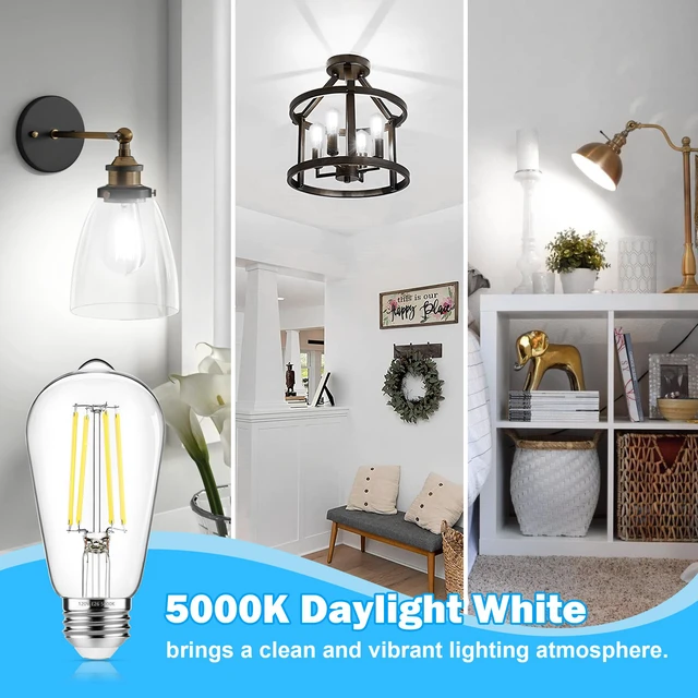 Alt view image 4 of 7 - 10-Pack Vintage Edison Bulbs 60W Equivalent, 850LM 6W LED Light Bulb Daylight White 5000K, ST58 Filament Lighting E26 Base, Non-Dimmable