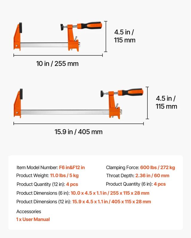 Alt view image 7 of 7 - Bar Clamps for Woodworking, 8-Pack, 6" and 12" F Clamps, 600 lbs Load Limit, with Plastic Pad and Self-Locking Design, Malleable Iron and Carbon Steel, for Wood Working and Metal Working