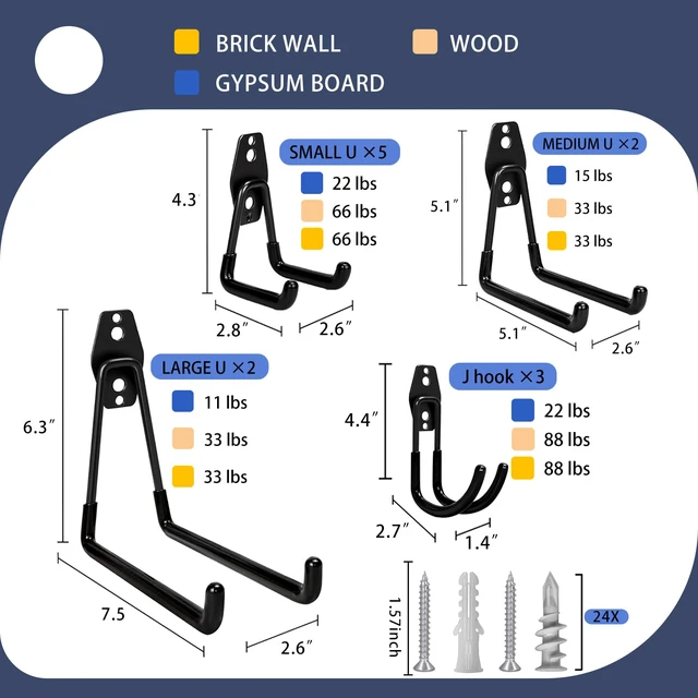 Alt view image 2 of 7 - Garage Hooks Heavy Duty 12 Pack Anti-Slip Wall Storage Hooks Wall Hooks Heavy Duty for Hanging Bike, Ladder, Garden Tools,Broom,Hose,Anti-Slip Coating Garage Wall Organization