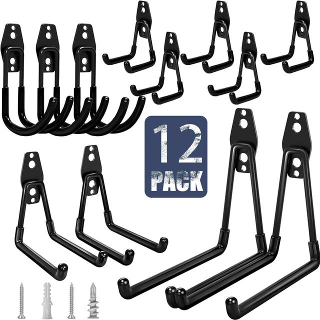 Main image of Garage Hooks Heavy Duty 12 Pack Anti-Slip Wall Storage Hooks Wall Hooks Heavy Duty for Hanging Bike, Ladder, Garden Tools,Broom,Hose,Anti-Slip Coating Garage Wall Organization