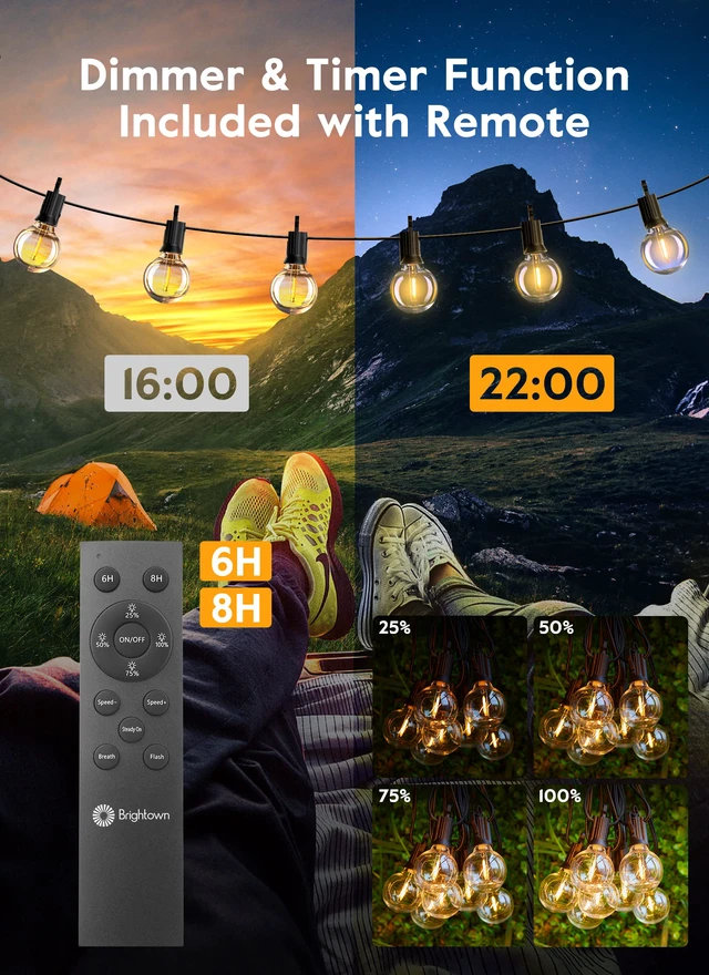 Alt view image 3 of 7 - Outdoor String Lights, 38FT 15 Shatterproof LED Bulbs with Remote, Waterproof Dimmable Patio Hanging Lamps for Porch, Balcony, Bistro, Cafe, Deck, Backyard