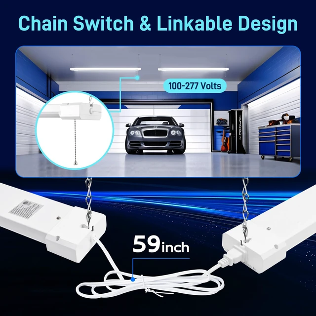 Alt view image 4 of 7 - 4FT Linkable LED Shop Light for Garage,6500LM,5000K Daylight 60W Utility Light Fixture for Garages,Workshops,Basements,LED Workbench Light with Plug,Hanging or Surface Mount,White- ETL