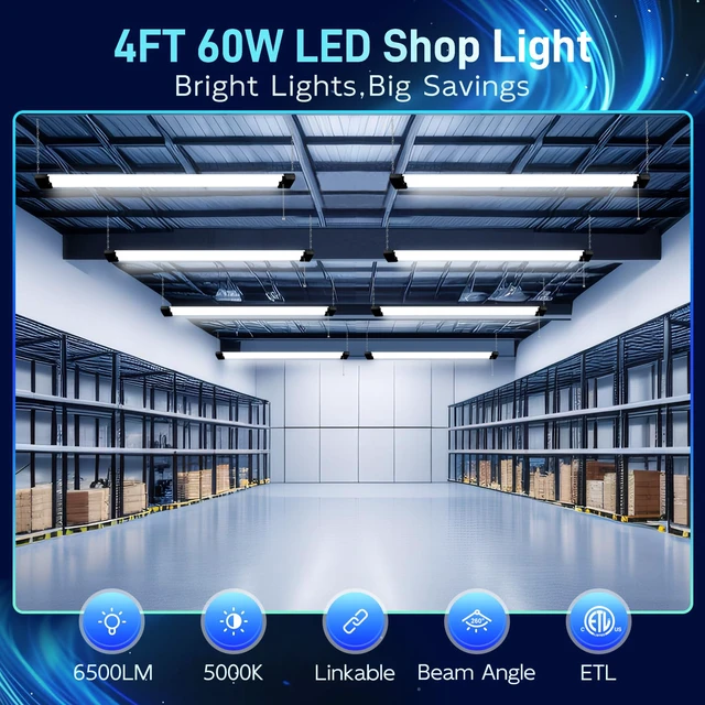 Alt view image 2 of 7 - 4FT Linkable LED Shop Light for Garage,6500LM,5000K Daylight 60W Utility Light Fixture for Garages,Workshops,Basements,LED Workbench Light with Plug,Hanging or Surface Mount,Black - ETL
