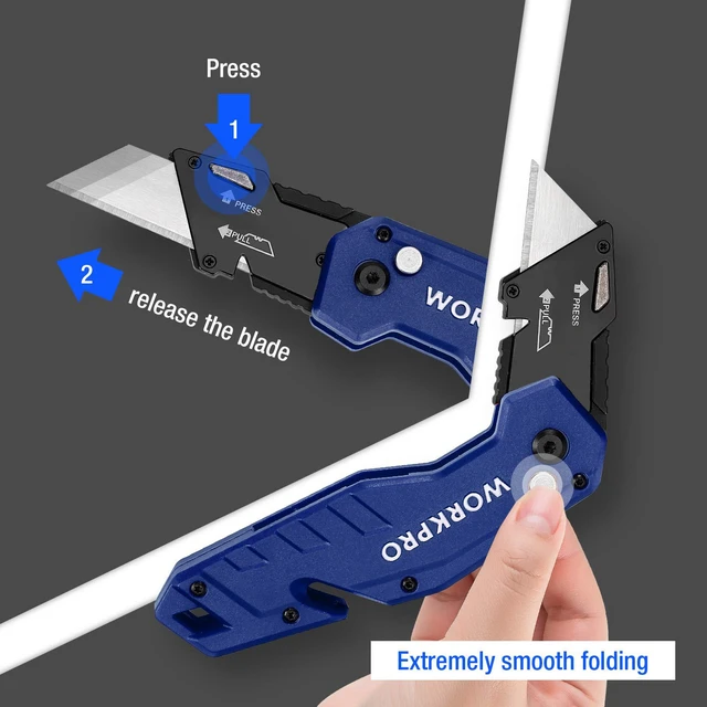 Alt view image 2 of 7 - Folding Utility Knife with 10 Blades, Blue Razor Knife with Belt Clip, Lightweight Nylon Handle, Wire Stripper & Gut Hook, Extra 10 SK5 Blades Included