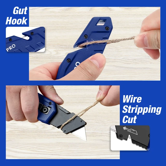 Alt view image 3 of 7 - Folding Utility Knife with 10 Blades, Blue Razor Knife with Belt Clip, Lightweight Nylon Handle, Wire Stripper & Gut Hook, Extra 10 SK5 Blades Included