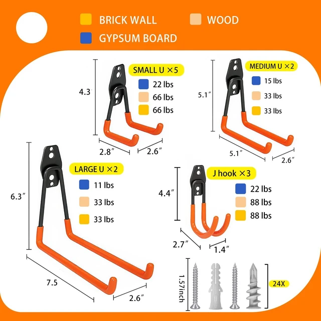Alt view image 2 of 7 - Heavy Duty Wall Mount Steel 12 Pack Orange Garage Storage Hooks Wall Hooks Heavy Duty for Hanging Bike, Ladder, Garden Tools,Broom,HoseAnti-Slip Coating Garage Wall Organization