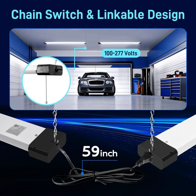 Alt view image 4 of 7 - 4FT Linkable LED Shop Light for Garage,6500LM,5000K Daylight 60W Utility Light Fixture for Garages,Workshops,Basements,LED Workbench Light with Plug,Hanging or Surface Mount,Black - ETL
