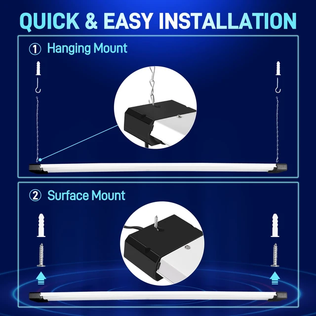 Alt view image 3 of 7 - 4FT Linkable LED Shop Light for Garage,6500LM,5000K Daylight 60W Utility Light Fixture for Garages,Workshops,Basements,LED Workbench Light with Plug,Hanging or Surface Mount,Black - ETL